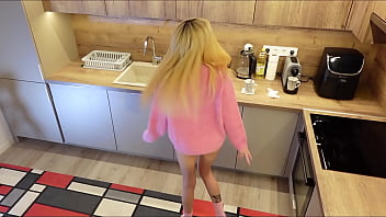 Hot petite skinny blonde girlfriend is in the kitchen teases me with her pink pull over