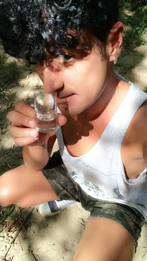 Spitting Guys Thick Cum to the Glass and Having It Again After Blowjob Outdoor