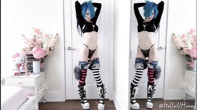 Blue Haired Emo Honey Strips Tight Body Jean Shorts Tail Oops Gush