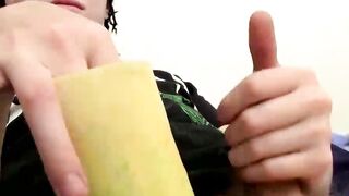 Straight tattooed thug playing with his big cock and a fruit