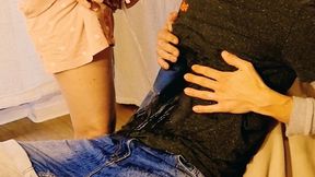 First she pissed all over when he sat in front of her, then she gets soaked in piss from him (artwork without sound)