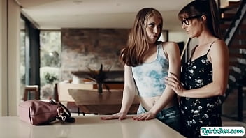 Tall shemale Melanie Brooks flirts with petite stepdaughter Izzy Wilde and go to bed where they kiss while undressing lingeries.