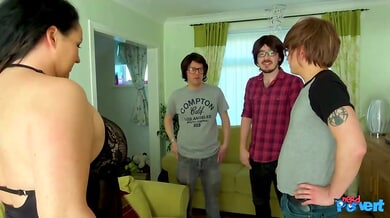 Devon Breeze takes cum from three men in a wild foursome