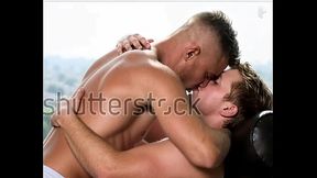 In the weight room, two men kiss!