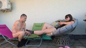 Delilah and Faith - PUBLIC - nylon socks worship and CBT - front VIEW