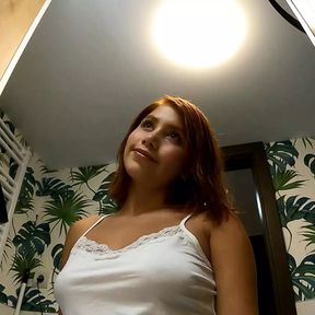 Hot sexy tight pussy redhead girlfriend in the bathroom no panties tases in a miniskirt