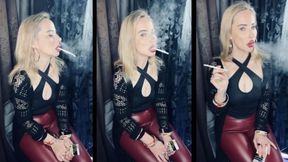 Sweet Smoking Queen Chain smokes Eve 120 in Leather leggings