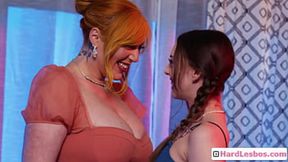 Naive cutie's pigtail gets tugged by a sultry seductress with massive jugs, Lauren Phillips and Lily Larimar.