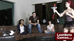 Three sexy ladies and one lucky man enjoy a playful strip game together