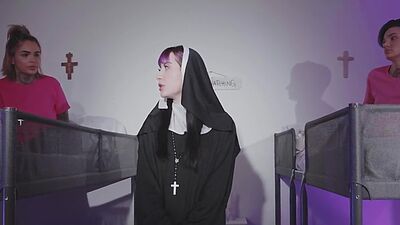 Tattooed strapon babe pegs priest asshole in the midnight