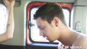 ”Real sex session with buff men practicing oral in car”