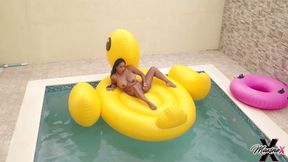 Slutty Asian MILF Maxine X floats around pool and has a rubber ducky fucky!!