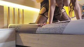 Hot MILF was dreaming in a sexy lingerie in her room when her stepson entered and fucked her pussy