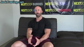 Tattooed muscular bald stud jerks cock on the casting
