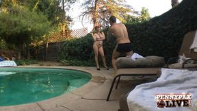 redhead penny pax strips off her tight school uniform poolside!