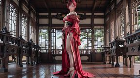 Purple-haired War Maiden in high-slit kimono, kneeling to tease your eyes with a fiery gaze and a wet, forbidden whisper.
