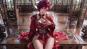Purple-haired War Maiden in high-slit kimono, kneeling to tease your eyes with a fiery gaze and a wet, forbidden whisper.