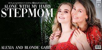 Hot young Blonde Gabie licking her stepmom Alexia's wet hairy pussy on the couch