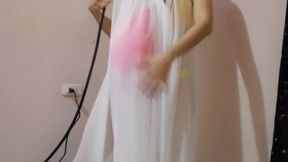 Giant balloon stuffing in nightgown