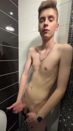 Handsome Guy Asta Boy Jerks off and Cums in a Public Toilet