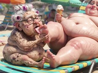 Elderly Granny Passionately Sucking big beautiful woman Feet on the Beach