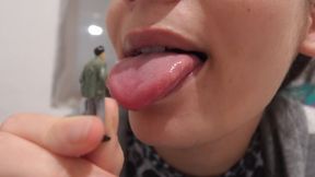 Giantess Stepsister plays in the bathroom with tiny stepbrother, licks and sucks like candy, then puts it in her pussy and masturbates, then rubs it against her big ass