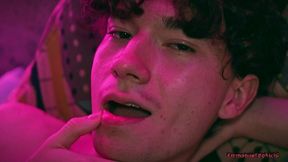 sexy twink swinging his uncut cock, curling his toes, spitting on his cock, and slapping his dick against his belly