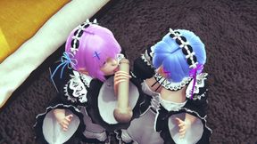 Ram and Rem lick a big cock together