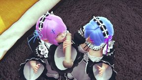 Ram and Rem lick a big cock together