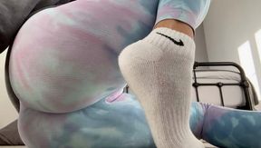 Sweaty gym leggings and white ankle socks