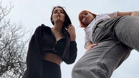 bully girls spit on you and order you to lick their dirty sneakers - outdoor pov double femdom