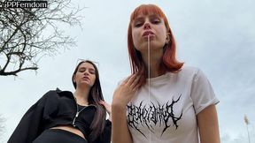 bully girls spit on you and order you to lick their dirty sneakers - outdoor pov double femdom
