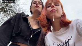 bully girls spit on you and order you to lick their dirty sneakers - outdoor pov double femdom