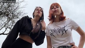 bully girls spit on you and order you to lick their dirty sneakers - outdoor pov double femdom