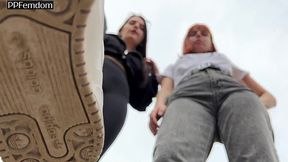 bully girls spit on you and order you to lick their dirty sneakers - outdoor pov double femdom