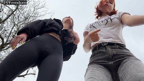 bully girls spit on you and order you to lick their dirty sneakers - outdoor pov double femdom