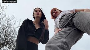 bully girls spit on you and order you to lick their dirty sneakers - outdoor pov double femdom