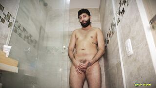 Thick unshaved knob Edging In Bathroom: Hot Latino Man Cums Hard & Cums On Edging Bear's Spunk