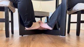 Strawberry Blonde Babz Plays Barefoot Footsies with Latino Roommate | Table Footsies | Foot Fetish | Soles & Short Toes