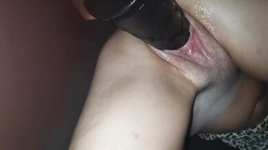 Huge black dildo stretches white pussy. Passionate wife crawls with pleasure!