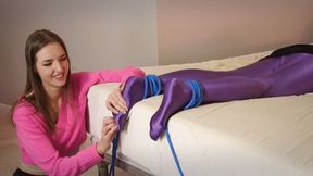 Foot Tickling - Weronika & Stella - Tied And Laughs In Purple Pantyhose - Reverse