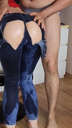 The Guy Tears His Jeans Right on His Girlfriend While Smearing Her with Oil