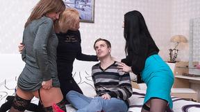 ”Three hot Stepmoms share one toyboy during sexy orgy”