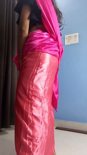 Gorgeous satin pink saree and satin peticot   Clip 1