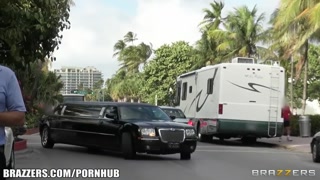 Pair of Brazzers girls drive around in a limo and chat while fucking
