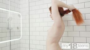 my18teens - red haired kitsune kiss pleases herself in the bathroom and then masturbates her hungry pussy
