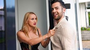 Blonde on glossy high heels Juicy Jane impaled in the sideways pose