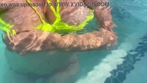 Busty Italian mature babe gets drenched and wild in public pool fling