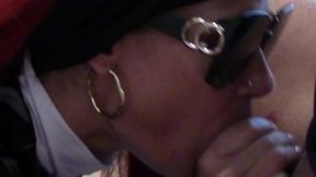 milf with sunglasses, cock in mouth, and cum on tongue