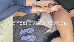 Red toes and jeans, cum dripping on my soles, Cat Princess drains construction worker toejob footjob, close up pov, red toes, sexy size 9 milf feet on bbc, dreamy version